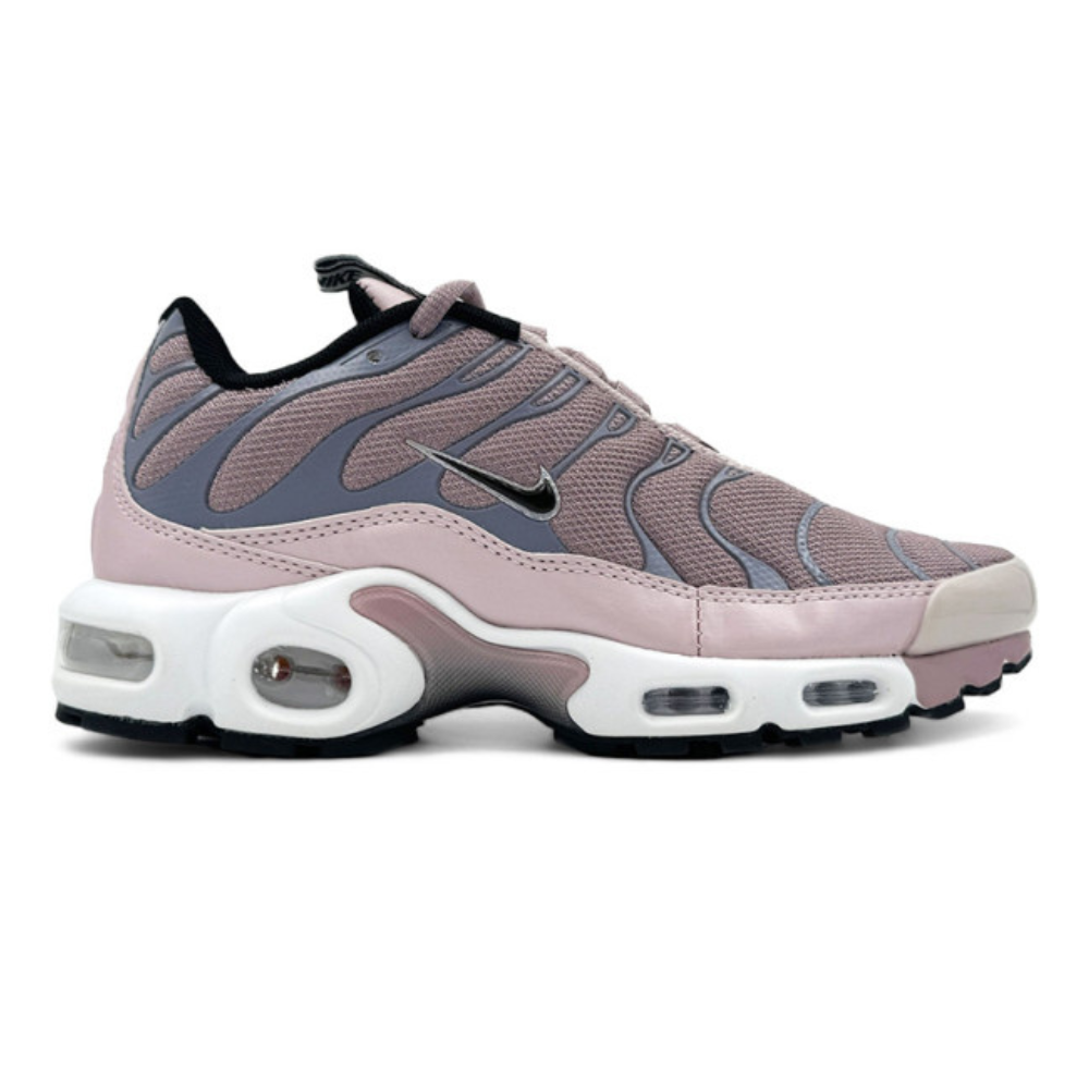Women’s NIKE Air Max Plus sneaker, pink glaze with gray/black accents, lace-up side