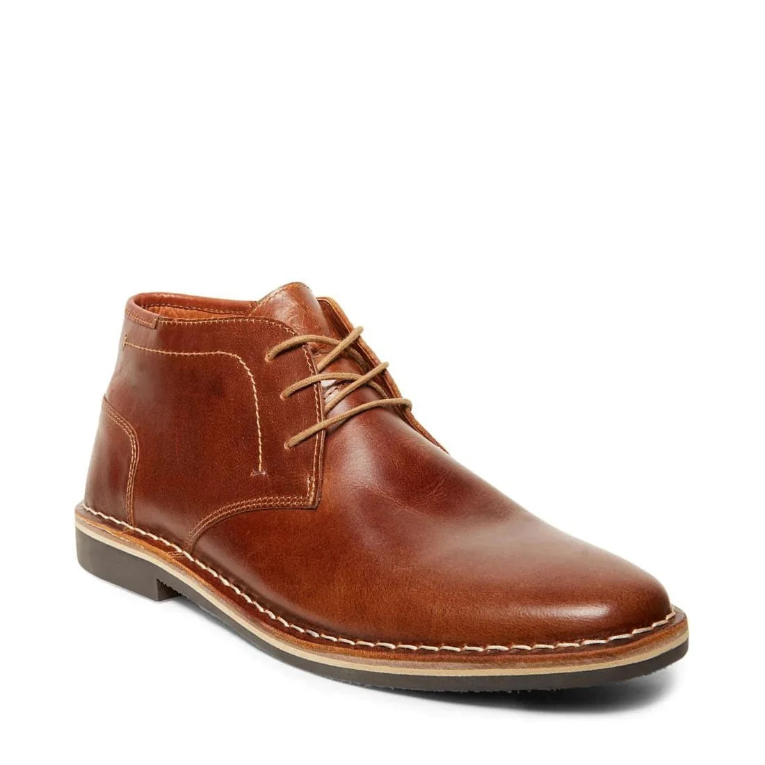 Harken cognac leather lace-up ankle boot, low profile, with stitched welt and rubber sole.