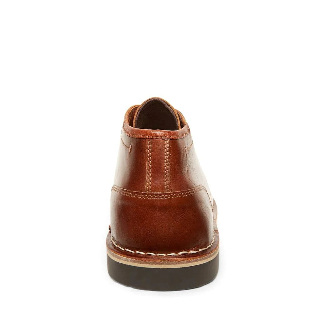 Harken cognac leather lace-up ankle boot heel view with padded collar and stitched sole.