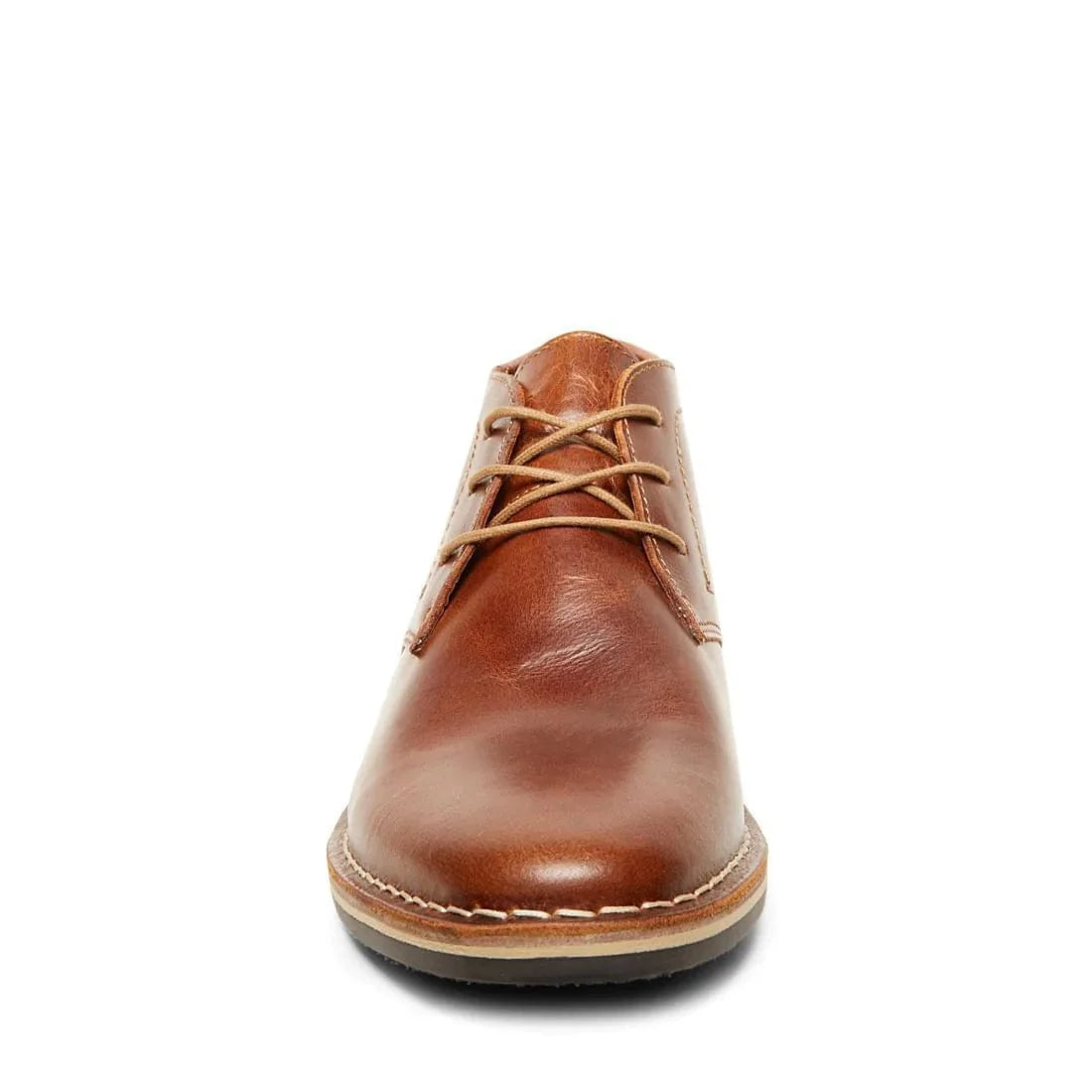 Harken cognac leather lace-up ankle boot viewed from the front with round toe.