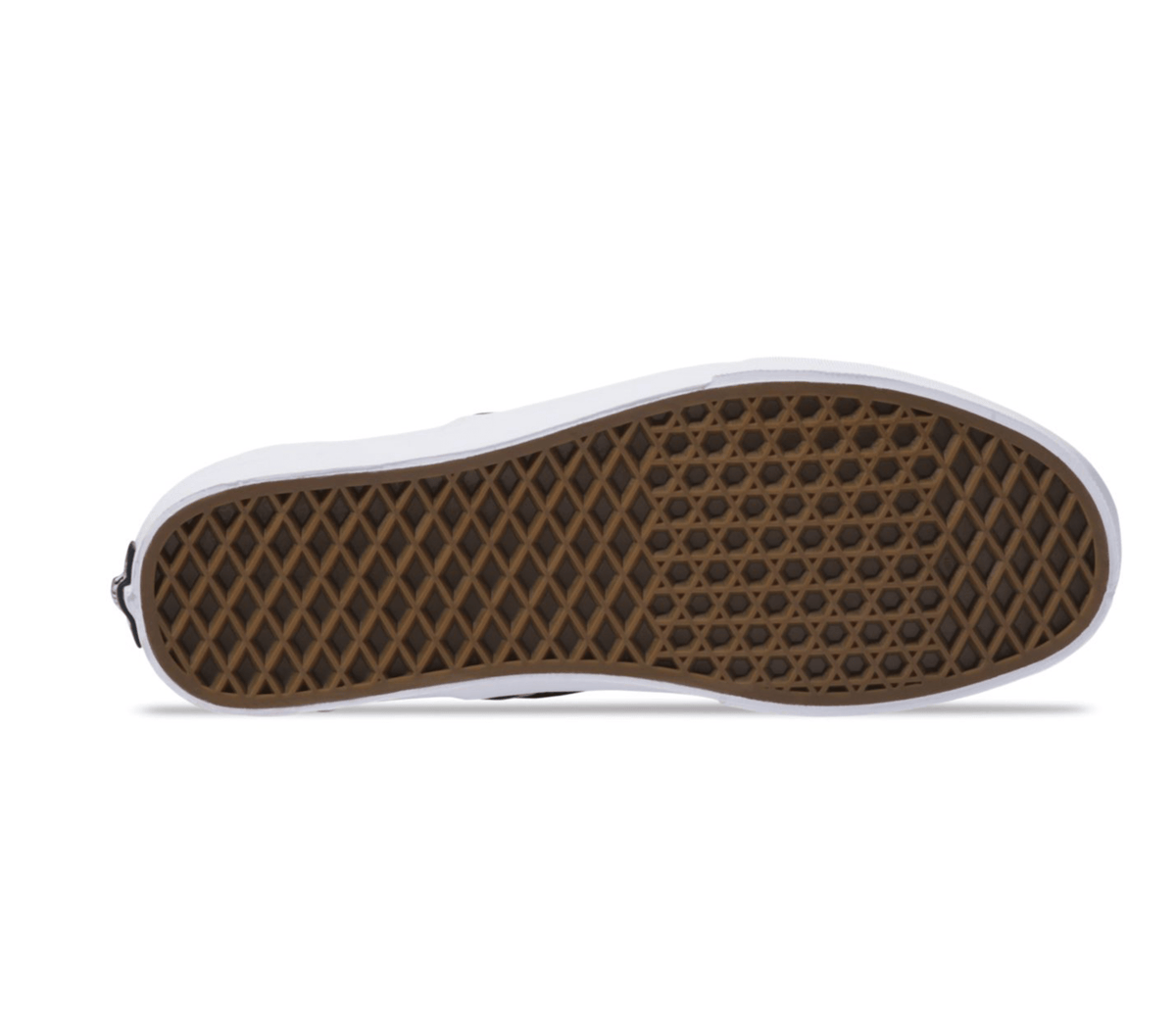 Shoe outsole view: textured brown rubber tread with white edge