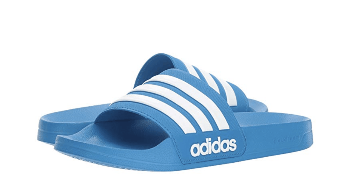 Blue Adilette shower slide sandals 3/4 view with white triple stripes