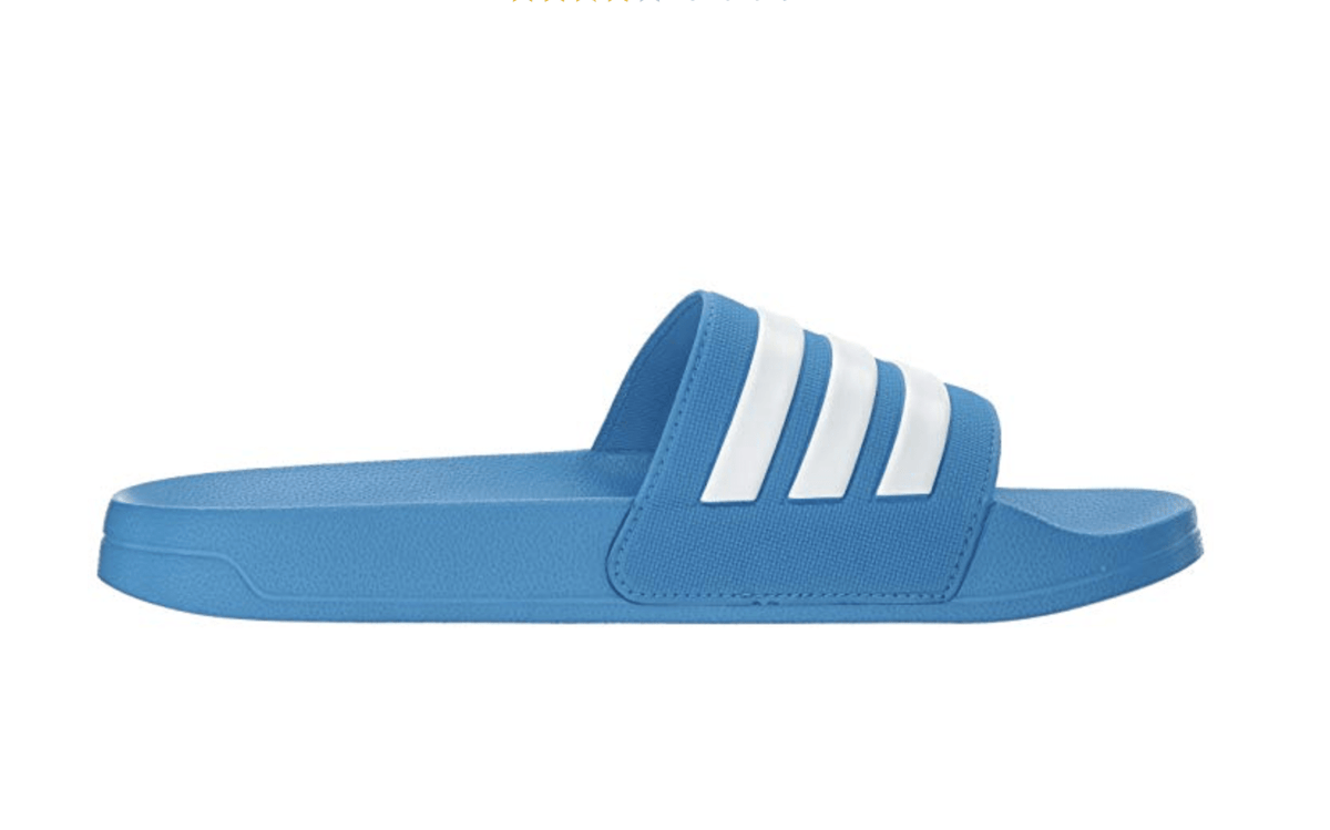 Blue Adilette shower slide sandals side view with white triple stripes