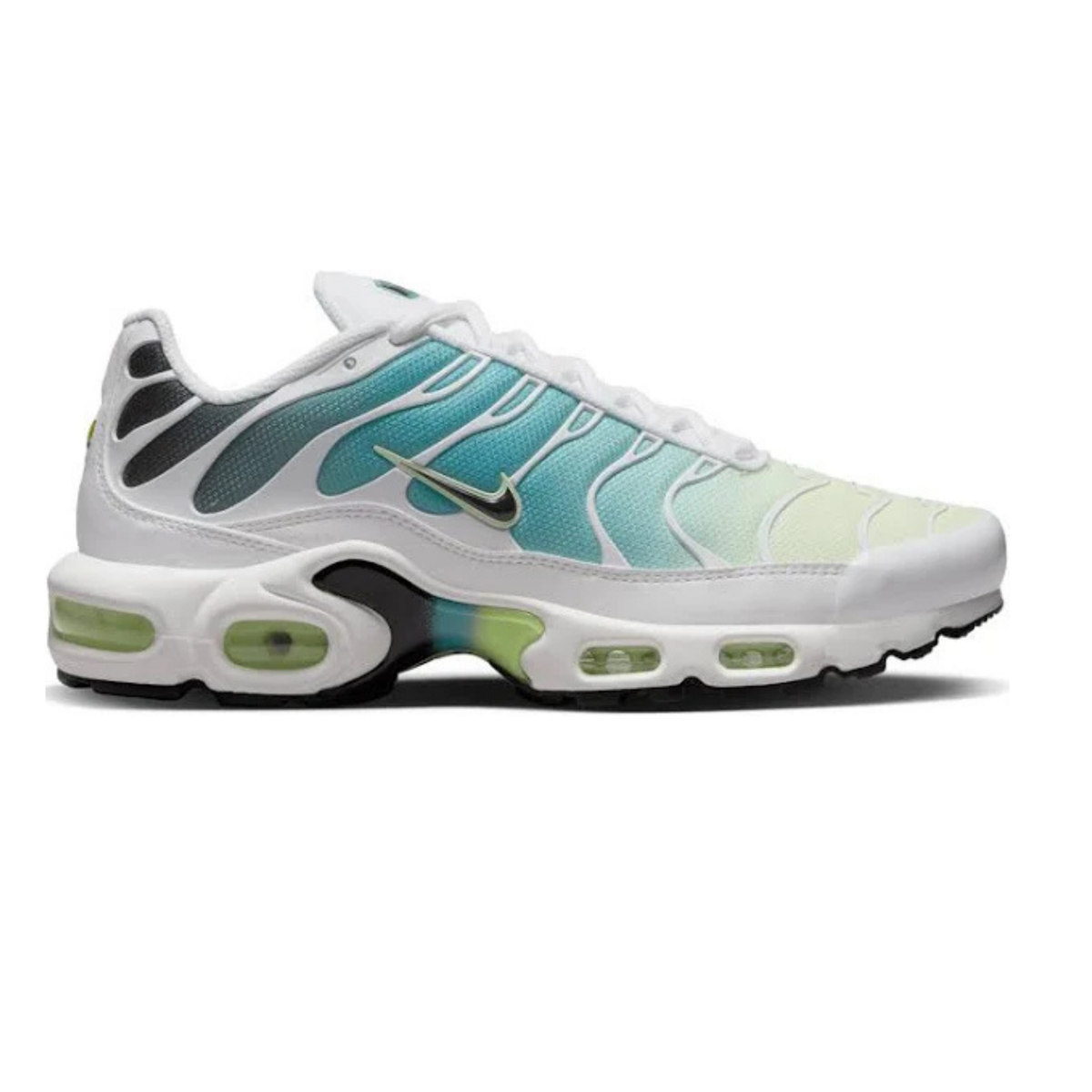 White and teal sneaker with green accents, NIKE swoosh, TN Air Max Plus design