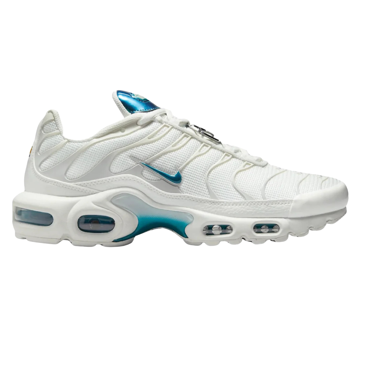 Nike Air Max Plus sneaker with white mesh upper and metallic teal accents, side Swoosh