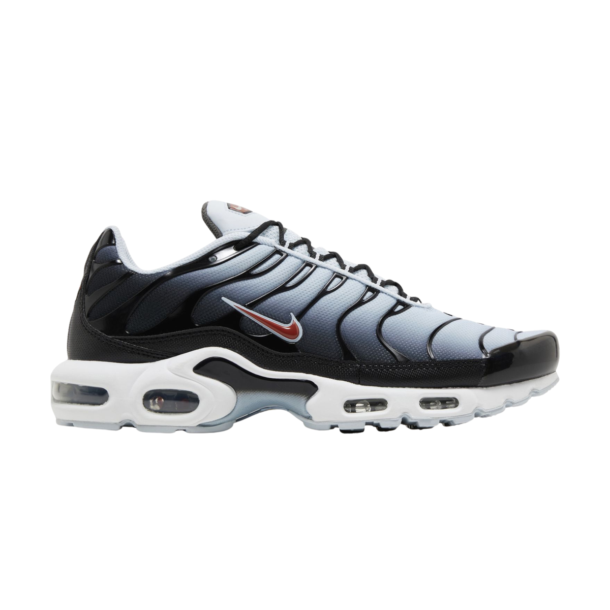 Nike TN Air Max Plus sneakers, black and light blue lace-up with visible Air cushioning