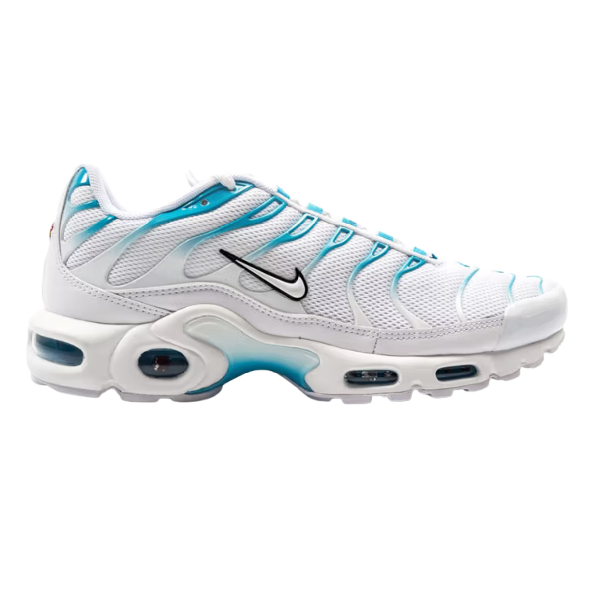 Nike Air Max Plus sneaker, white with light blue accents and visible Air units