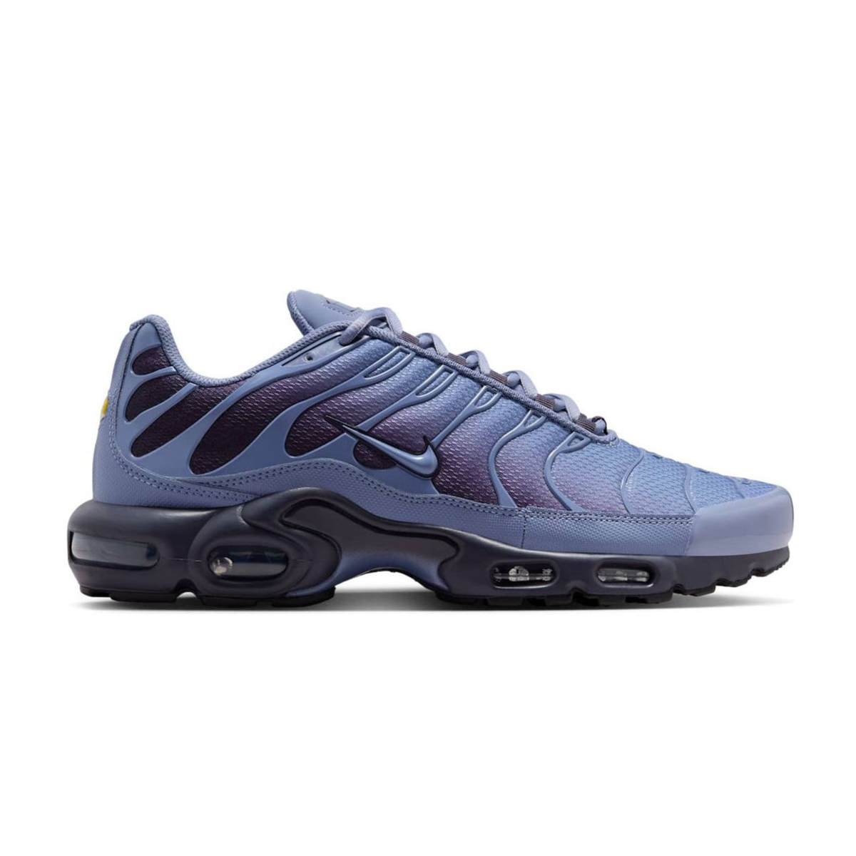 NIKE Air Max Plus athletic sneaker in light blue with dark overlays and Air sole unit