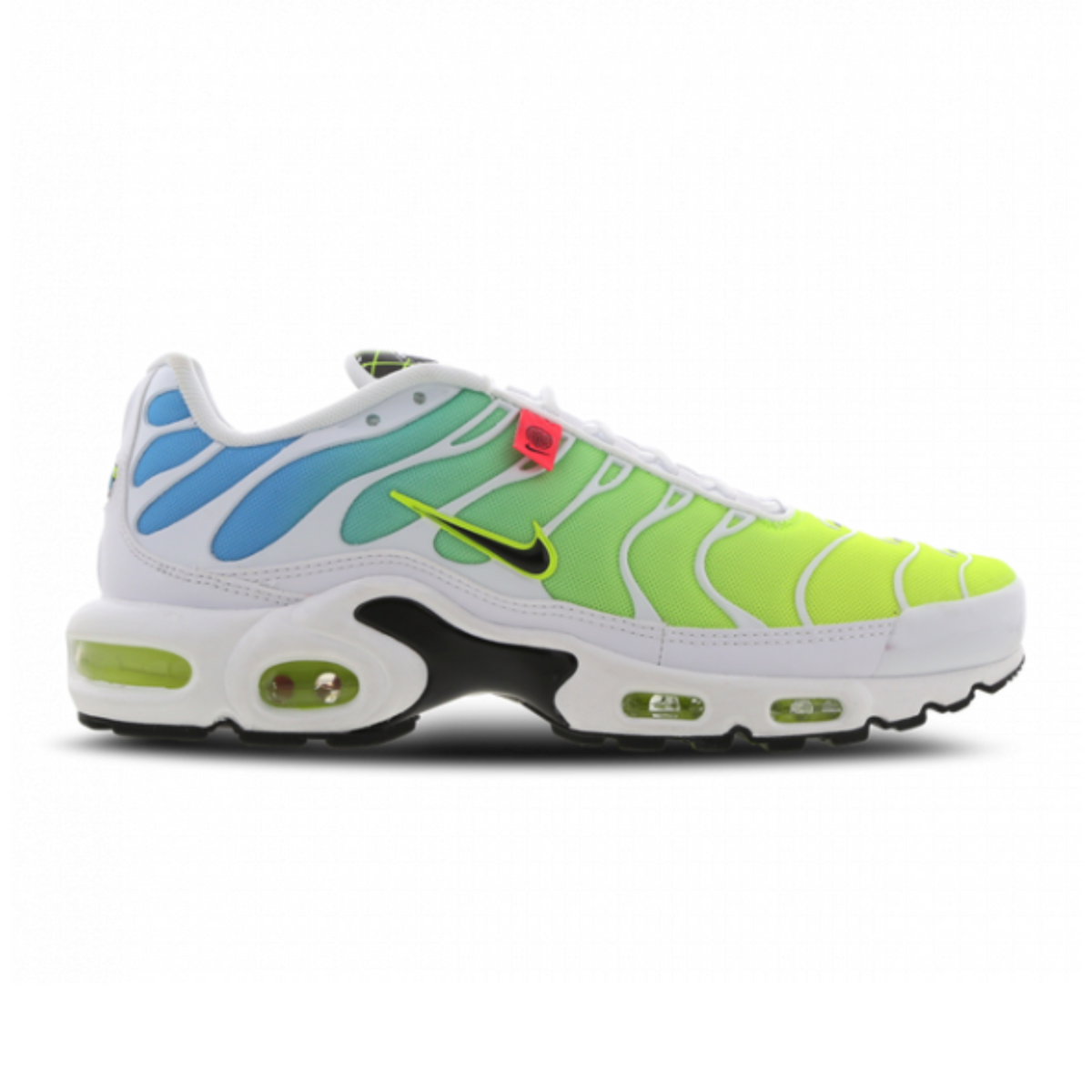 NIKE Air Max Plus sneaker in white, neon green, blue, and black with visible Air units