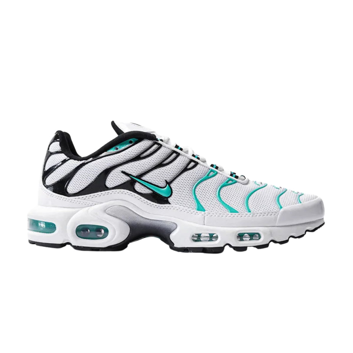 NIKE Air Max Plus sneaker, white with teal accents and black overlays, lace-up side view.