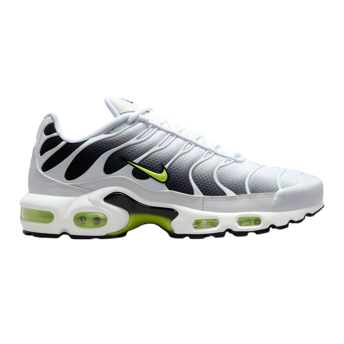 White and dark gray sneaker with black swoosh and neon green Air Max soles