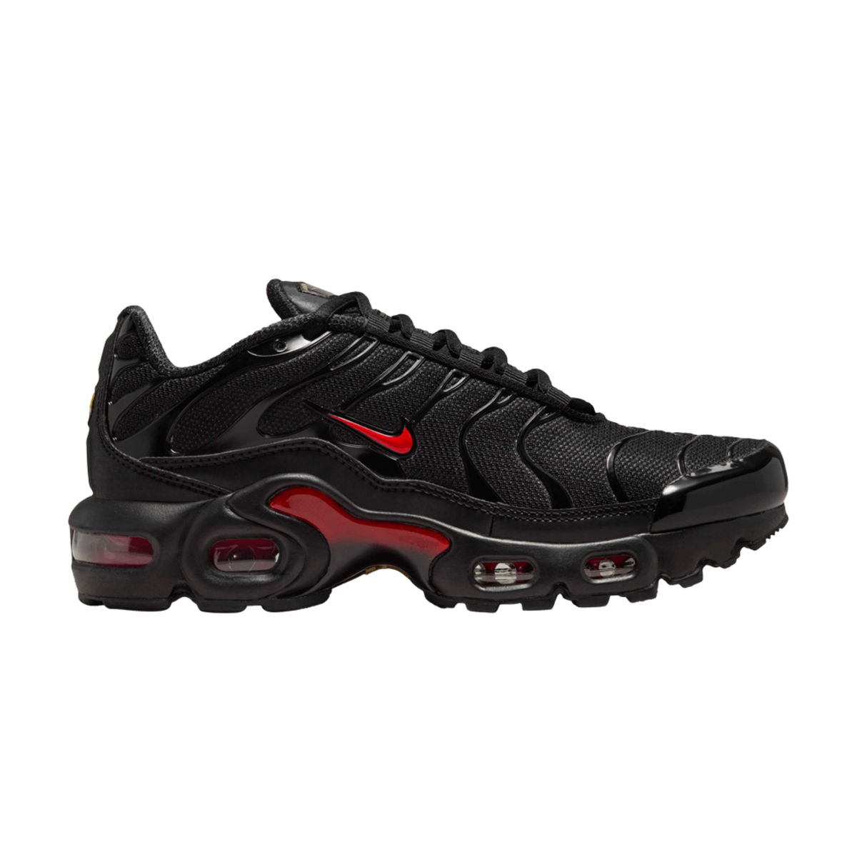 Black athletic sneaker with red swoosh, visible Air-cushioned sole, lace-up mesh
