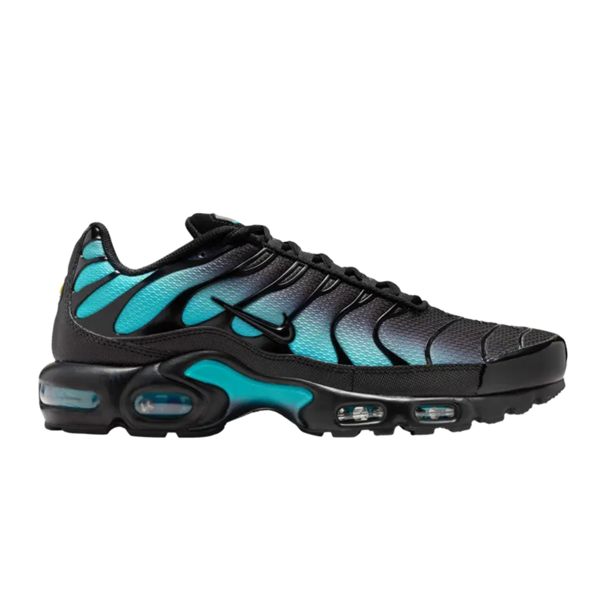 NIKE Air Max Plus sneakers in black with teal accents, lace-up, visible Air units