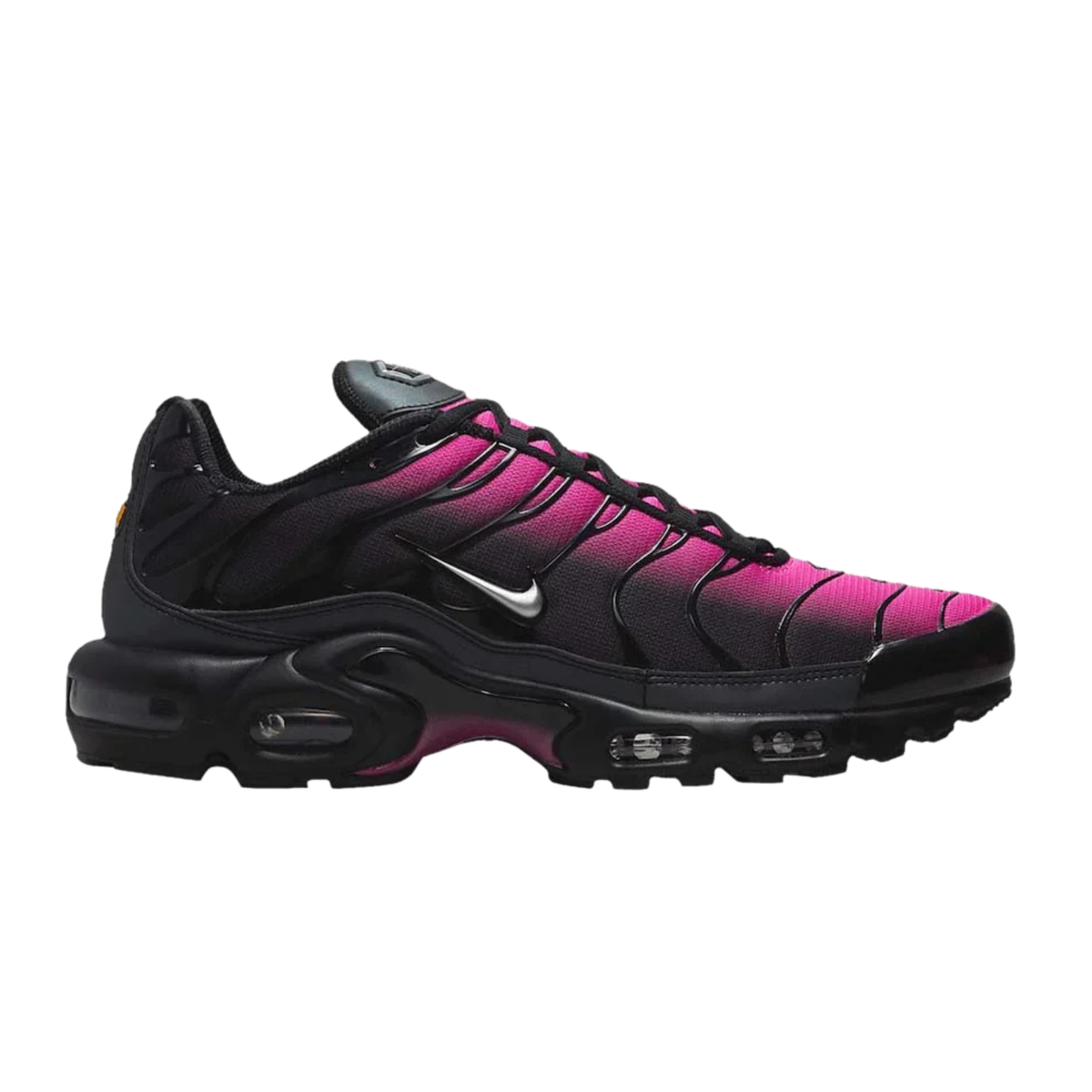 Nike TN Air Max Plus sneakers, black with pink gradient panels and lace-up front