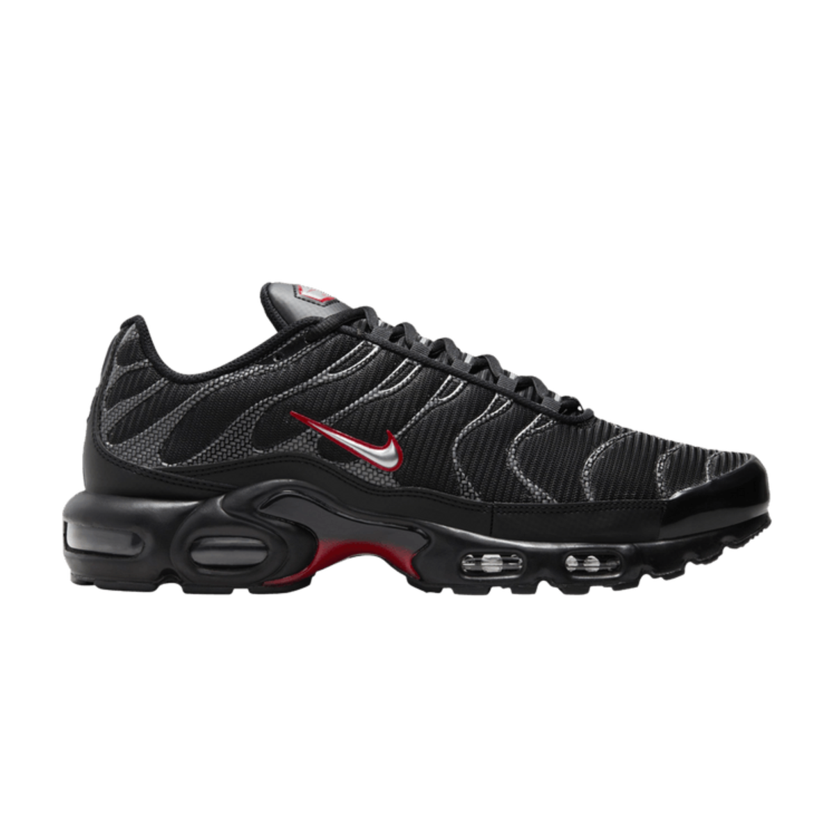 Black lace-up Air Max Plus sneaker with red Nike swoosh and visible cushioning