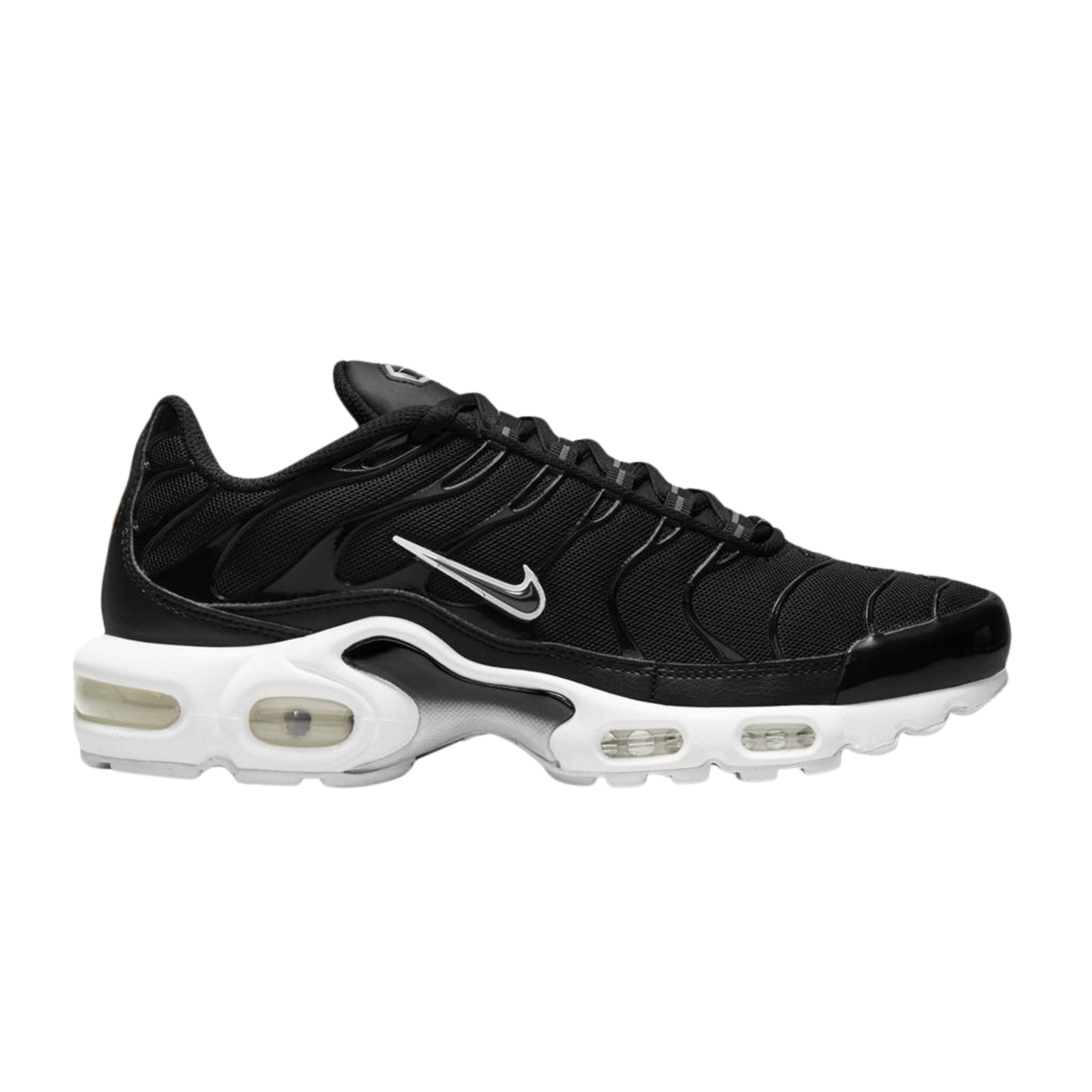 NIKE Air Max Plus sneaker in black with white midsole and Swoosh logo