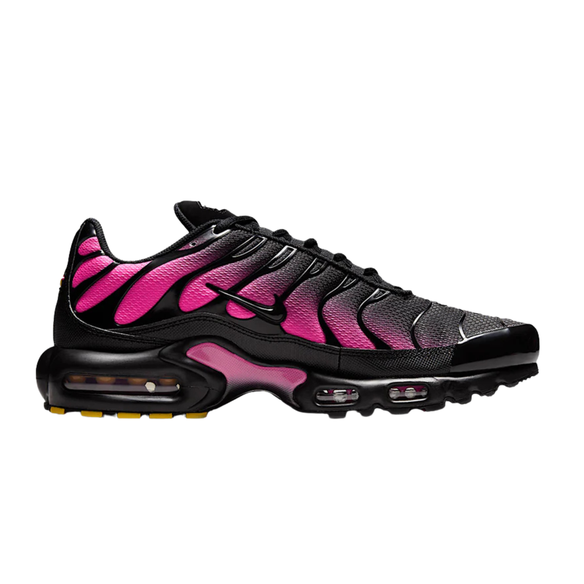 Nike TN Air Max Plus sneaker, black with hyper pink panels and visible Air Max units.