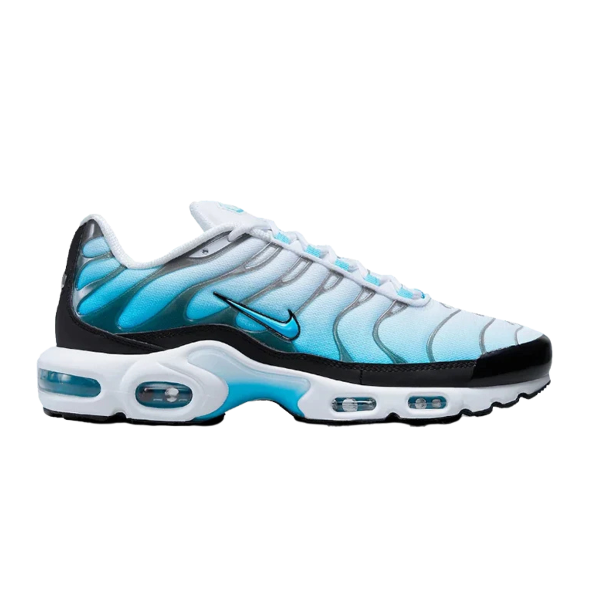 Nike Air Max Plus running shoe in light blue, white and black with Swoosh detail