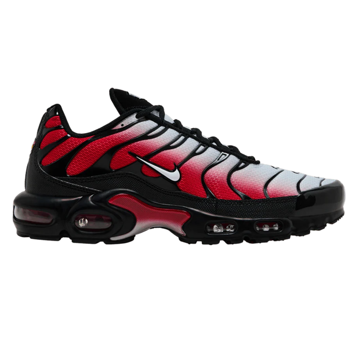Nike Air Max Plus sneakers, black red and gray, lace-up with visible air pods