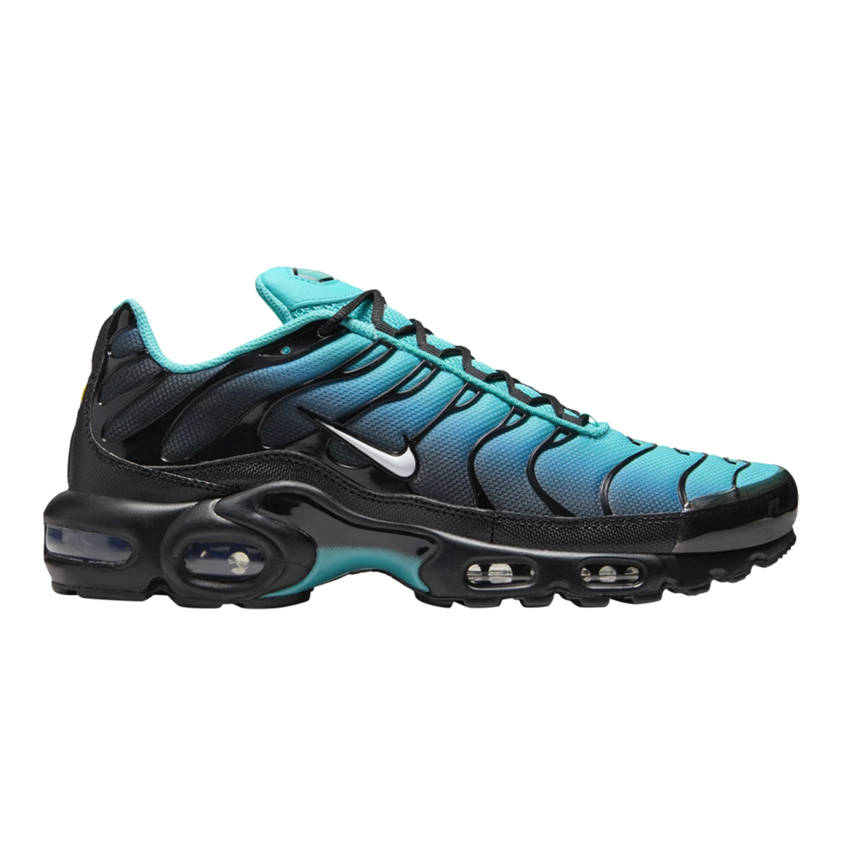 Nike TN Air Max Plus lace-up sneakers in black and aqua blue, side view with air cushioning