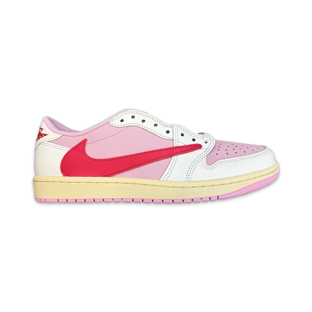 Low-top Air Jordan 1 sneaker with white leather, pink panels, red Swoosh, pink sole
