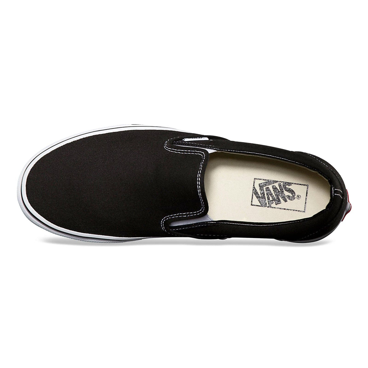 Black slip-on sneaker showing padded collar and Vans logo patch on beige insole