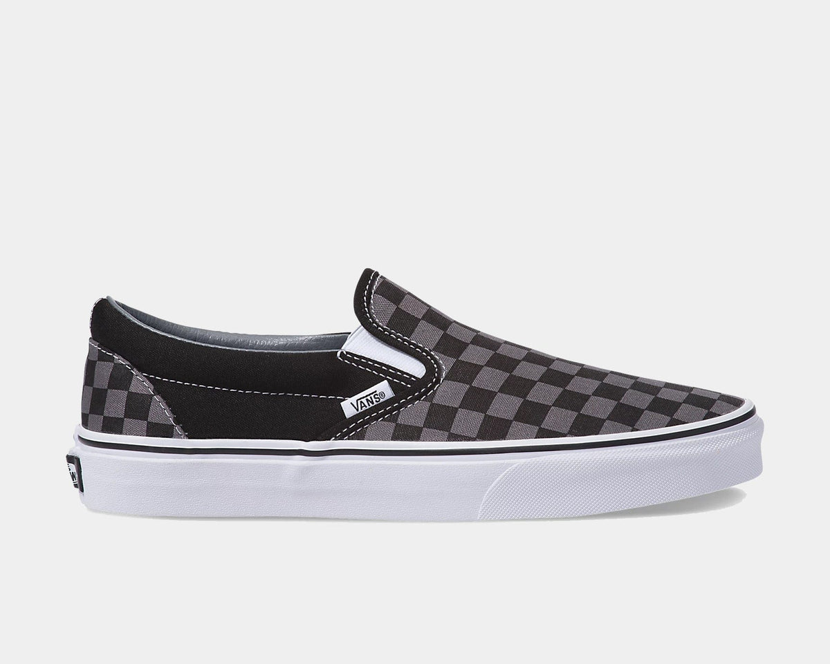 Black and white checkerboard slip-on sneaker with padded collar and white rubber sole