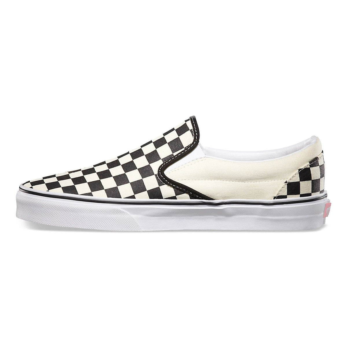 Black-and-white checkerboard slip-on sneaker with padded collar and white sole.