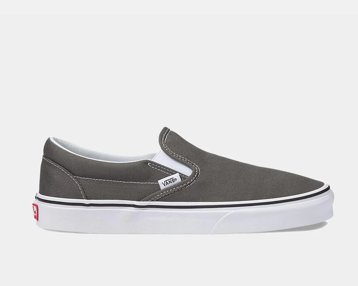 Charcoal slip-on canvas sneakers with padded collar and white rubber sole