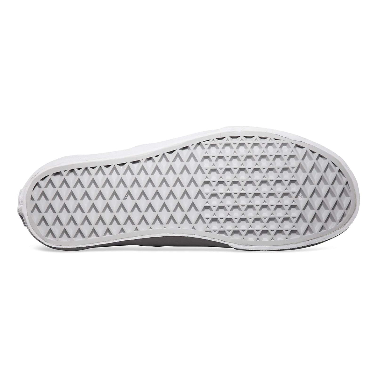White slip-on shoe outsole with textured rubber tread and grippy sidewall edge