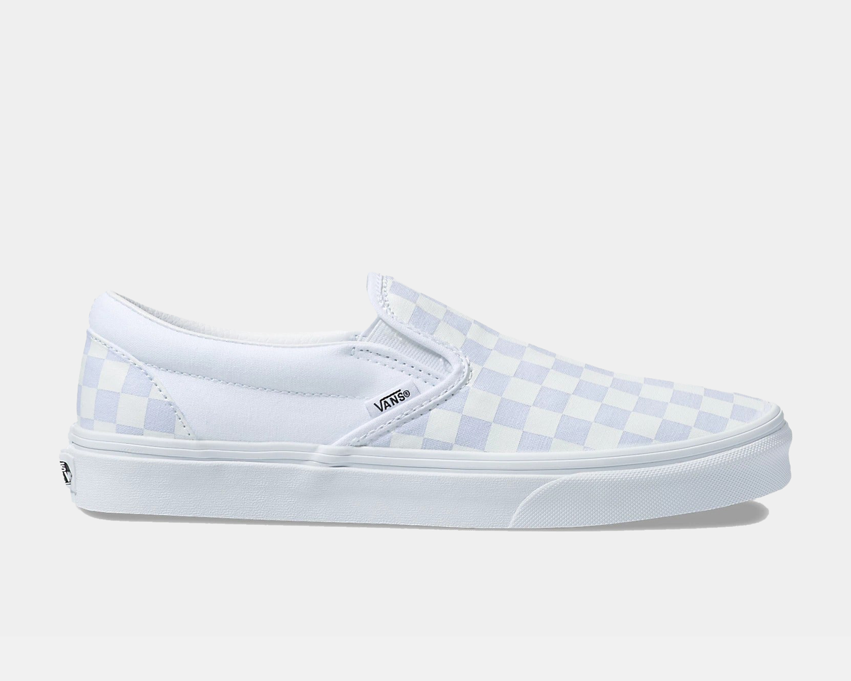 Light blue and white checkerboard slip-on sneaker with Vans logo and white sole