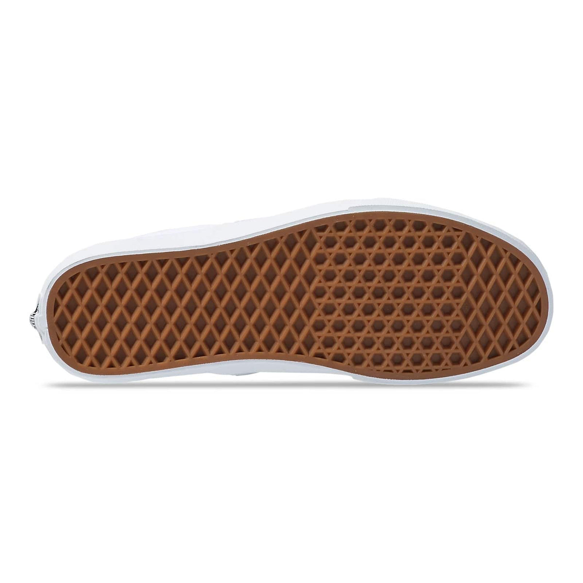 Rubber outsole for checkerboard slip-on shoes, brown tread with white edge.