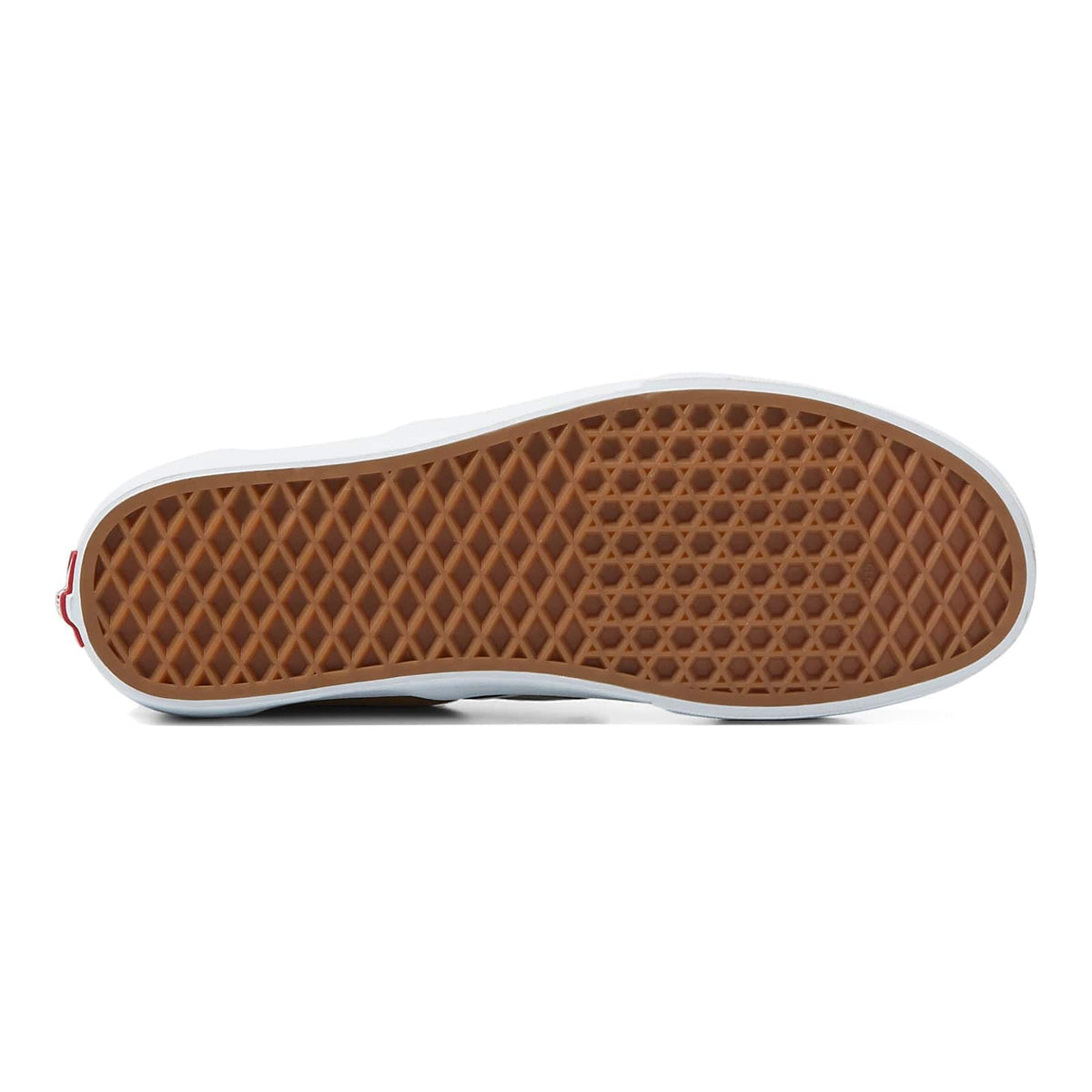 Shoe outsole view: brown textured rubber tread with white side edge