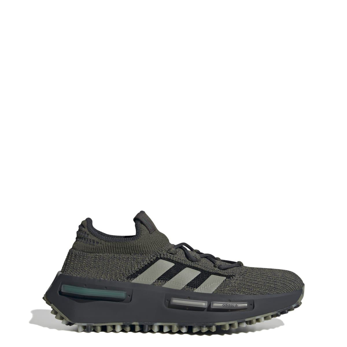 Dark olive adidas trainers with adidas stripe detailing, black laces, and teal midsole windows