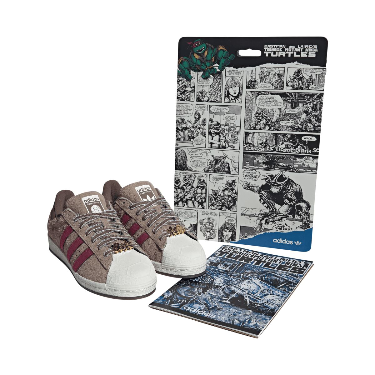 adidas Originals Teenage Mutant Ninja Turtles Superstar trainers with colorful turtle-themed design on white footwear.
