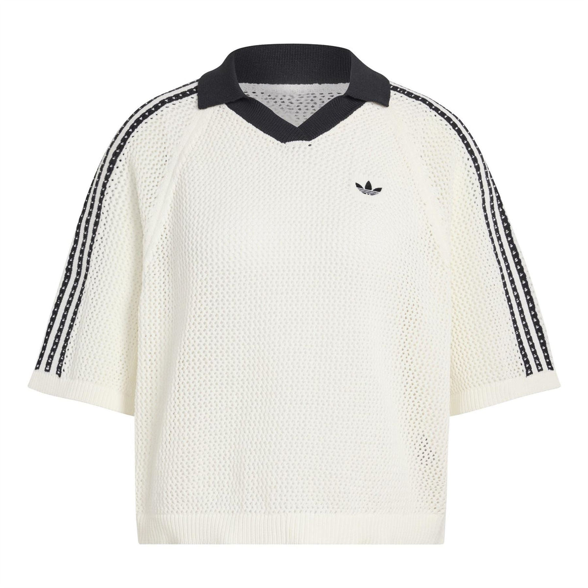 Off-white knit polo shirt with black ribbed collar and adidas trefoil logo