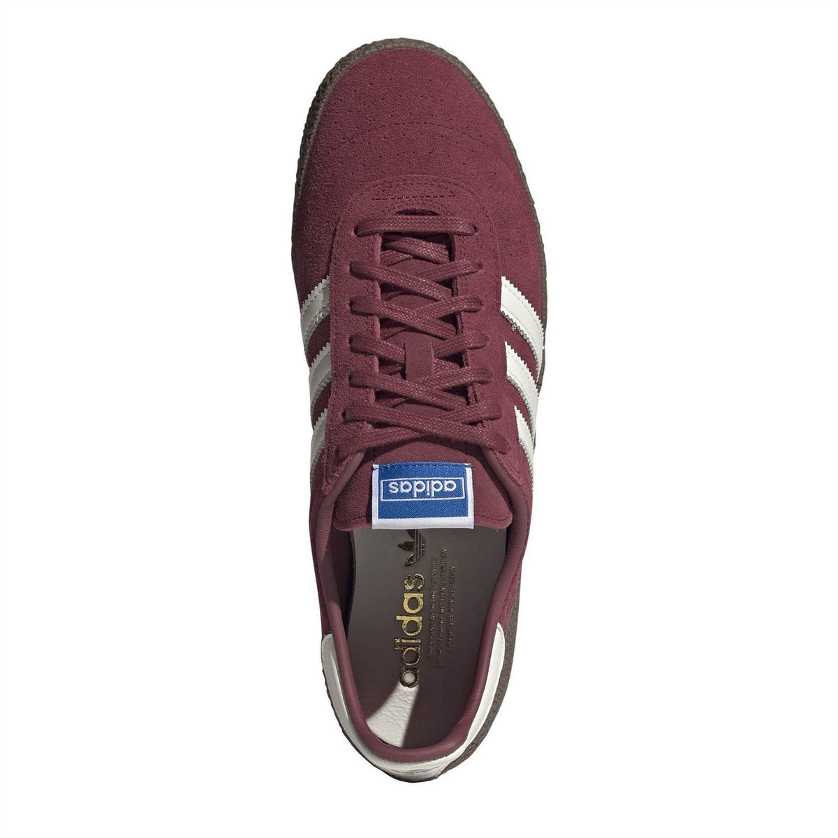 Maroon lace-up sneakers front view with tongue label and white side stripes