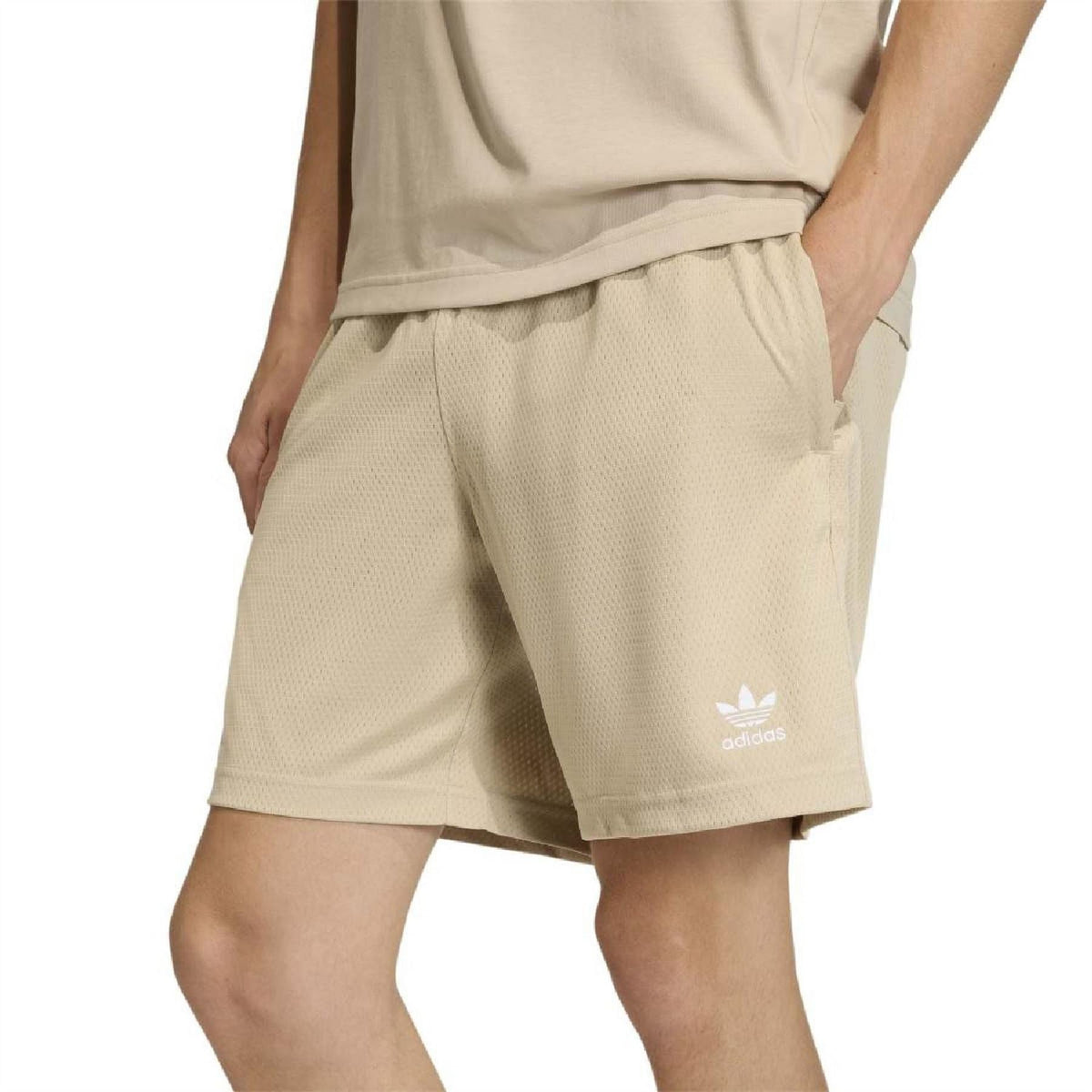 adidas stone khaki mesh-textured shorts, elastic waist, trefoil logo on right leg