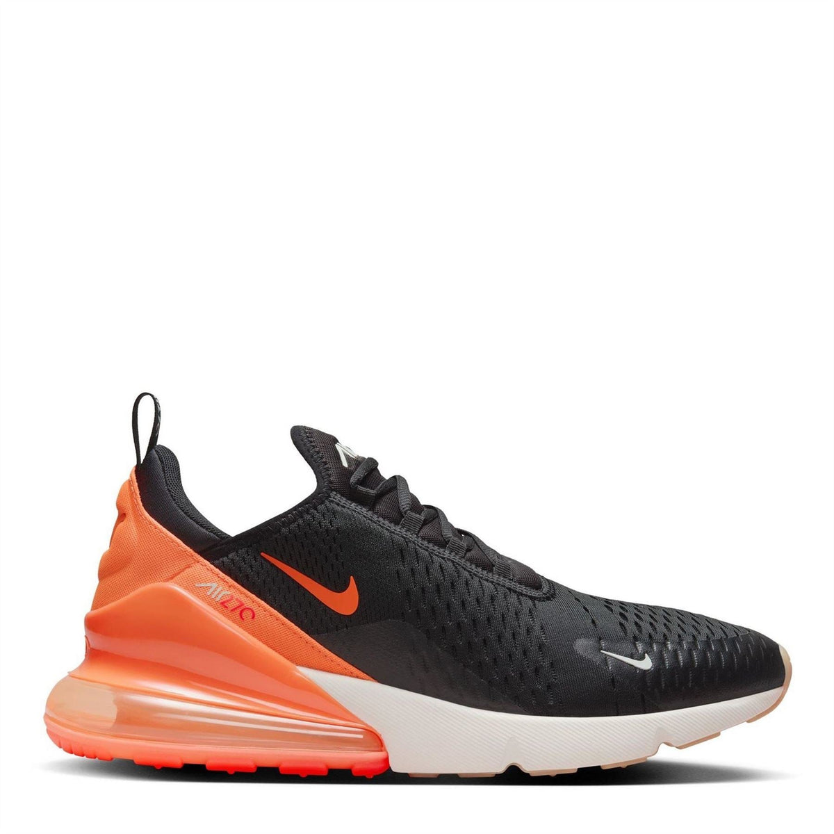 Nike Air Max 270 sneakers in black with orange side accents and white midsole