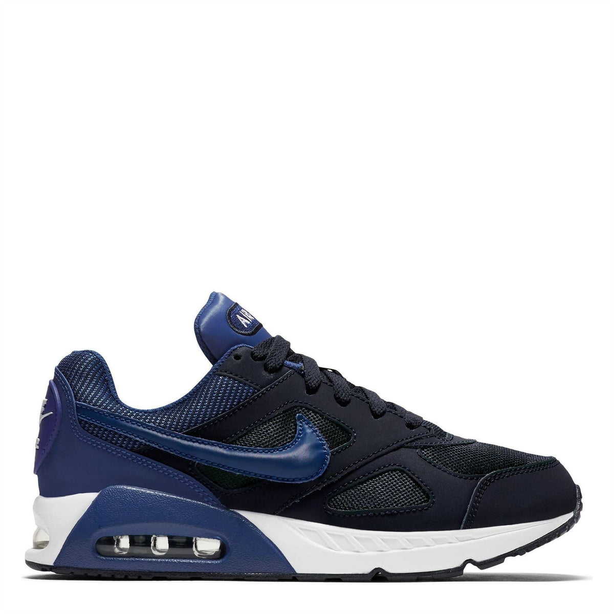 Navy and black junior sneaker with blue swoosh, white midsole, and Air Max window
