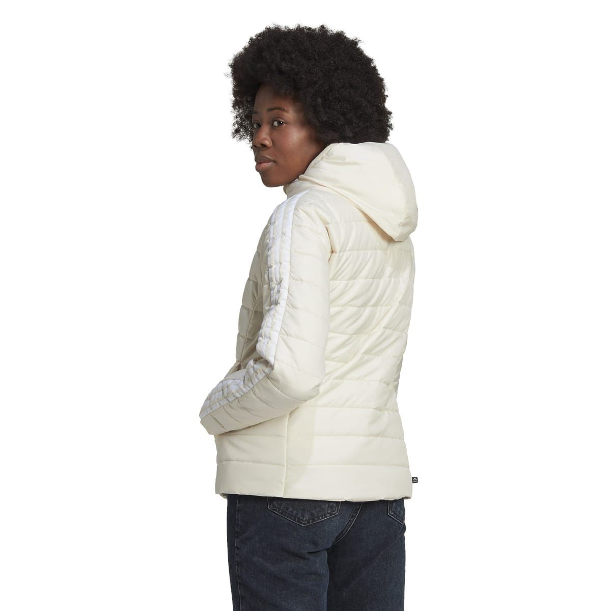 Off-white hooded puffer jacket side view with quilted pattern and front zipper