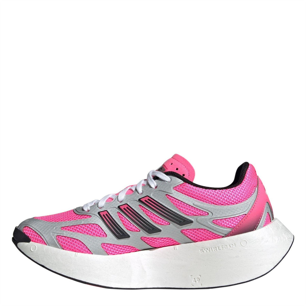 adidas running shoe side view, lucid pink upper with gray overlays and white laces
