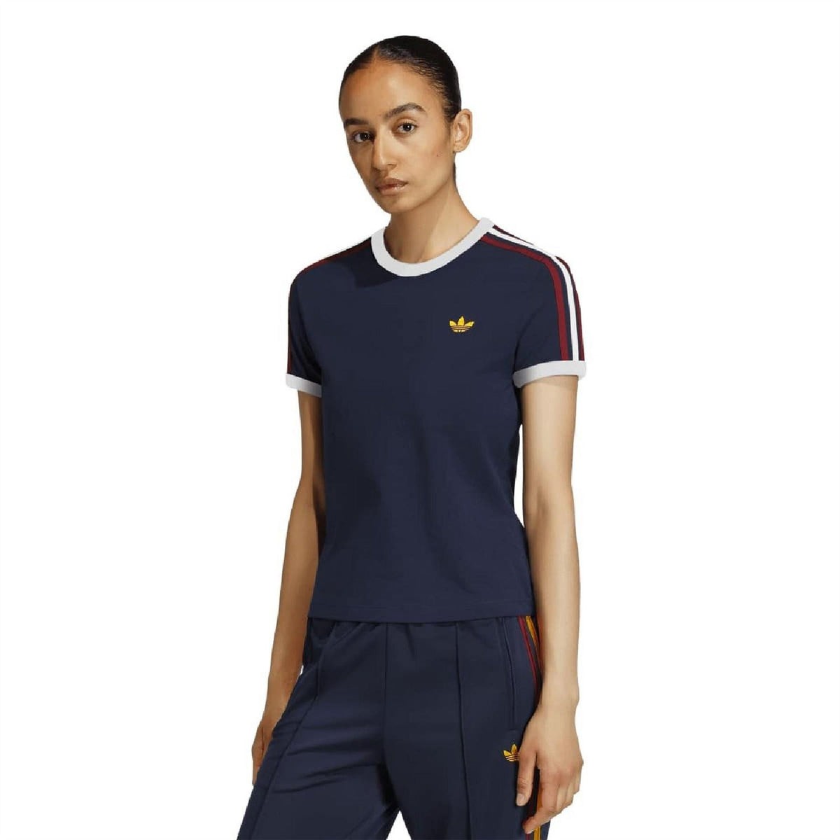 Navy adidas Originals slim t-shirt with crew neck, gold trefoil logo, and red/white shoulder stripes