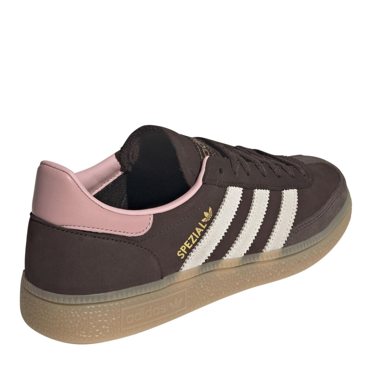 Black adidas Spezial sneakers with pink collar and white side stripes, rear 3/4 view.