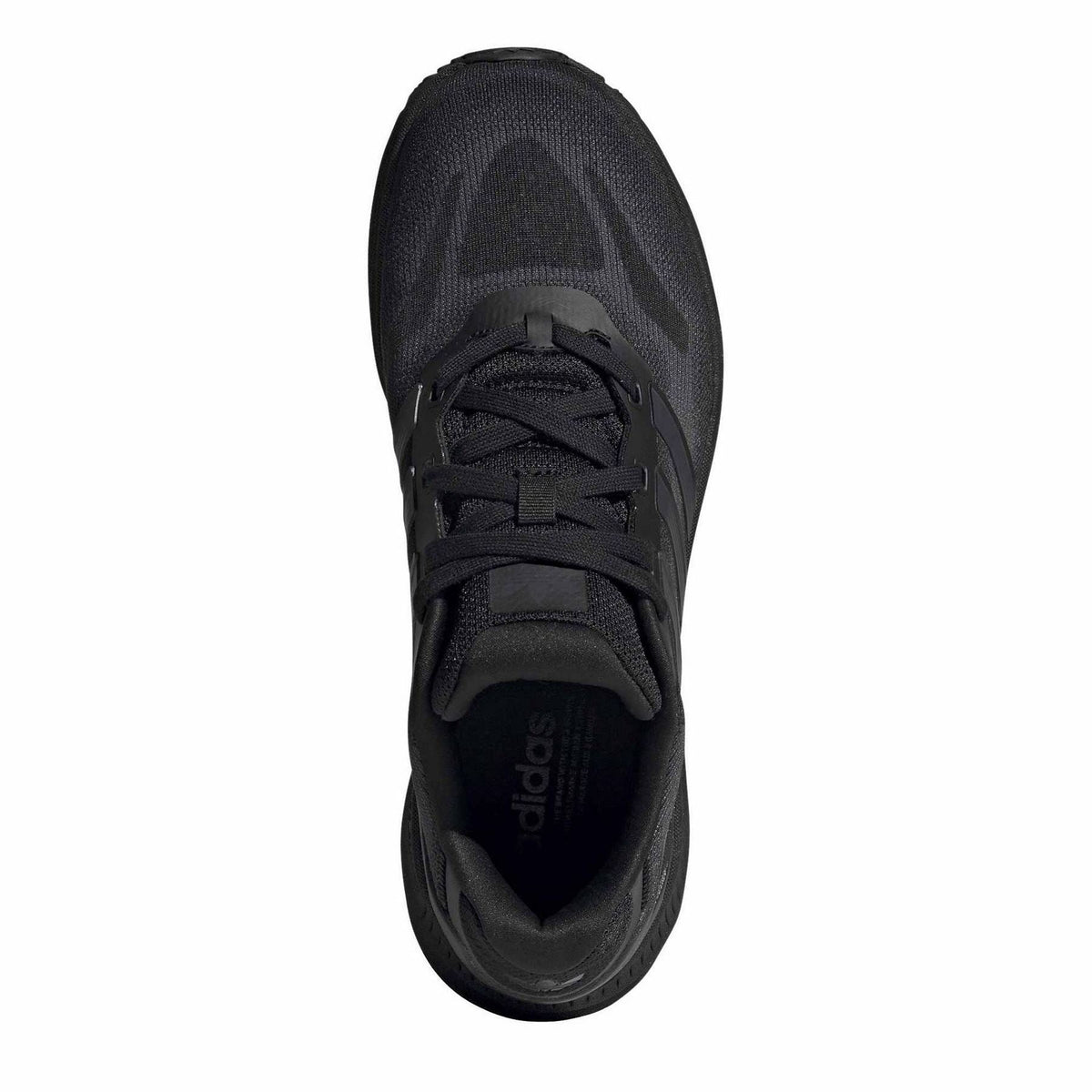 Black shoe top view with lace-up closure and dark interior lining