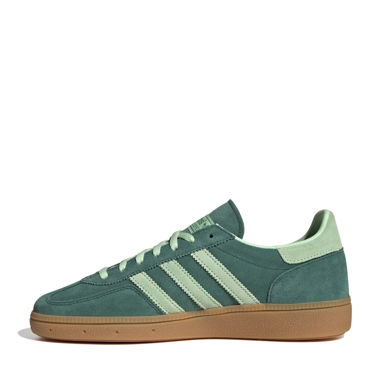 Green low-top sneakers with light green stripes, lace-up front, gum outsole