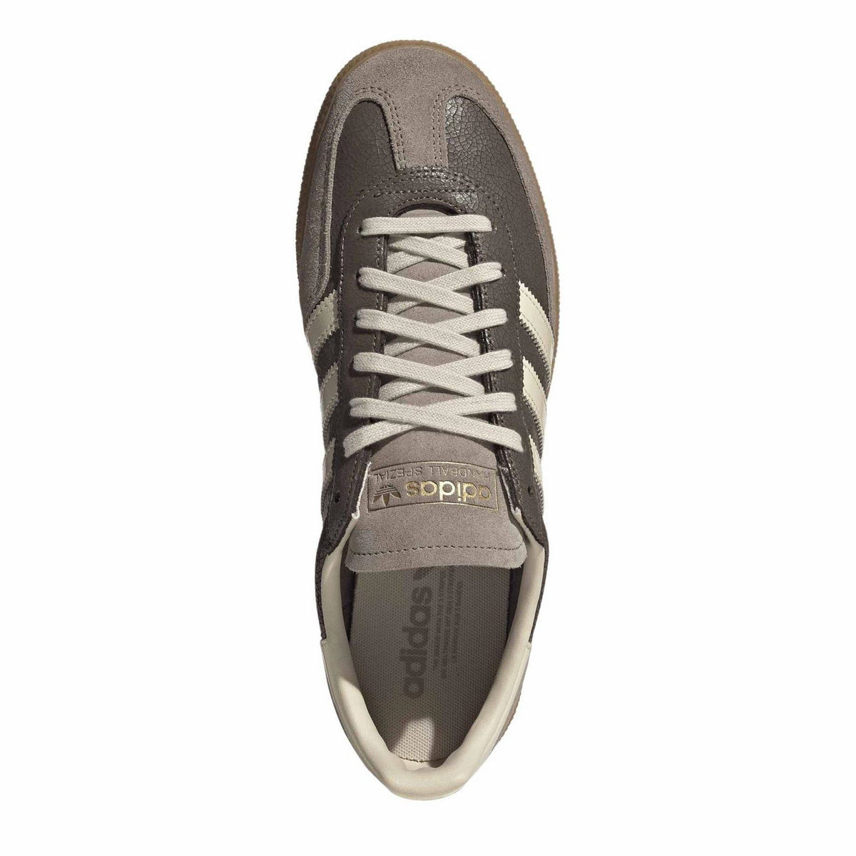 adidas Handball Spezial trainers, dark grey suede with white stripes, lace-up, gum sole