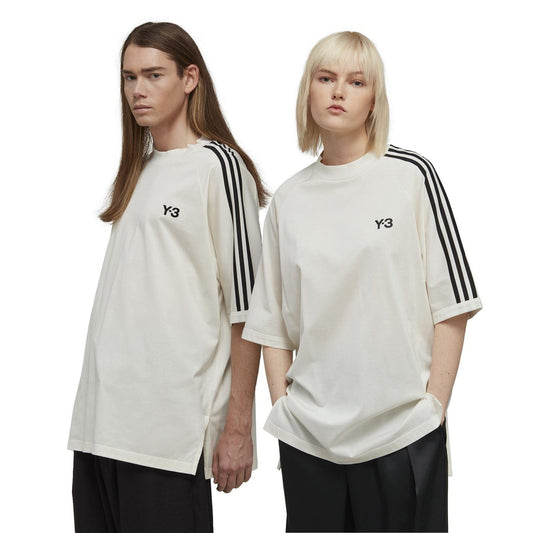 White short-sleeve T-shirt with Y-3 logo and black triple stripe sleeves