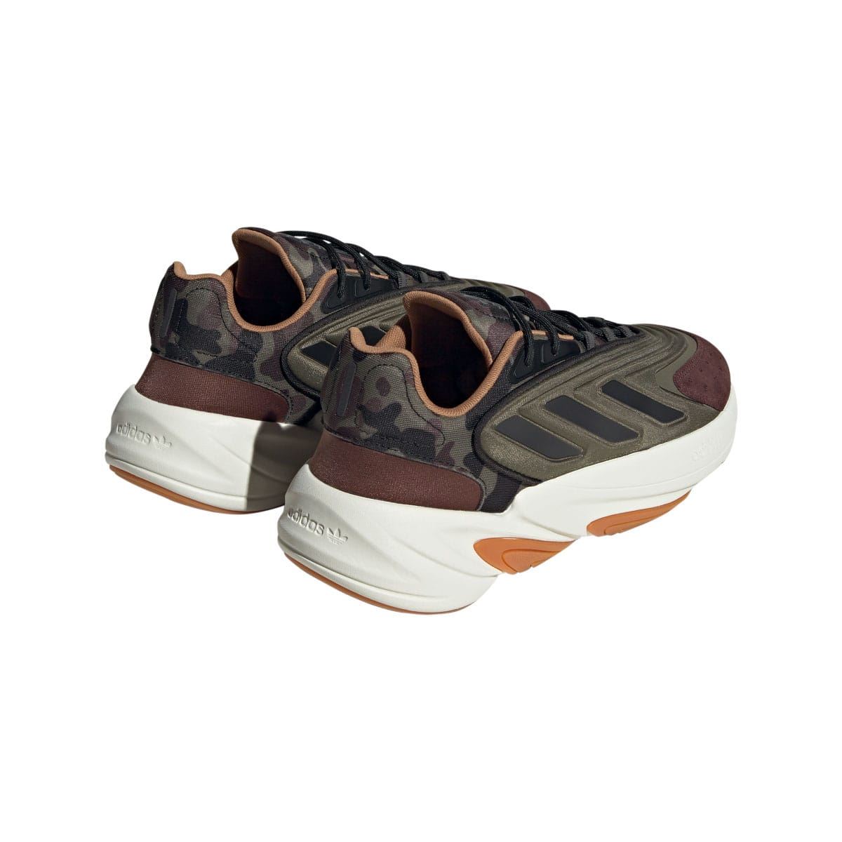 Heel and side view of olive, burgundy and black trainers with white midsole