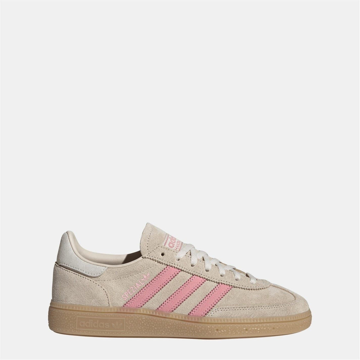 Beige suede women's Spezial shoes with pink stripes and gum rubber sole.